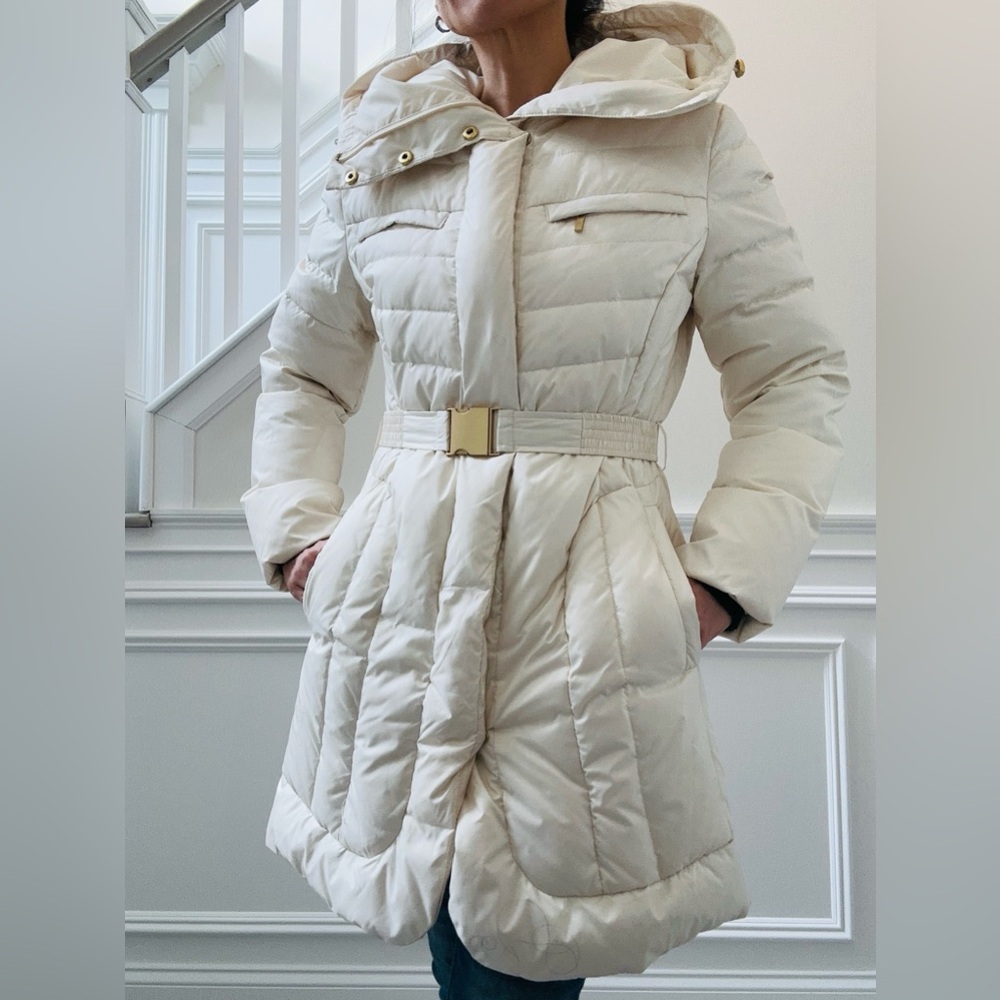 Cole Haan Cream and Gold Belted Puffer Jacket